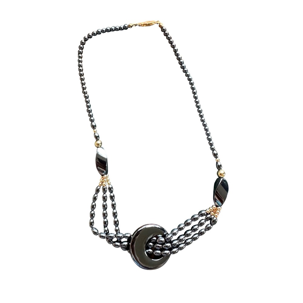 Hematite Multi Strand Crescent Moon Pendant Necklace Gold Tone Accents Beaded
